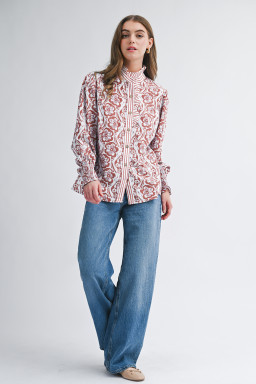 Floral Print Frilled Striped Trim Button Down Smocked Cuffs Long Sleeve Shirt