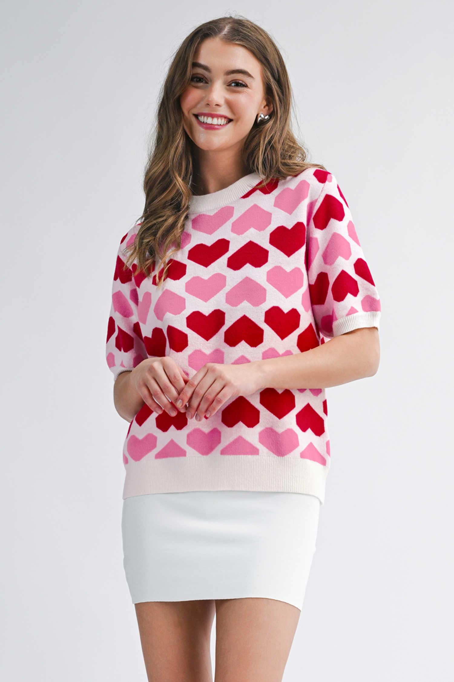 Sachet Pink 2-tone Heart Print Valentine Crew Neck Short Sleeve Sweater