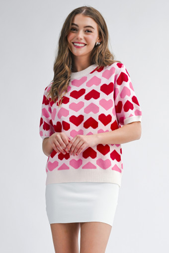 Sachet Pink 2-tone Heart Print Valentine Crew Neck Short Sleeve Sweater