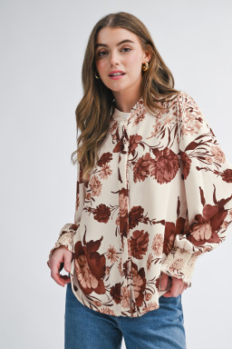 Brown Floral Print Button Down Poet Sleeve Shirt