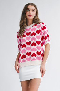 Sachet Pink 2-tone Heart Print Valentine Crew Neck Short Sleeve Sweater