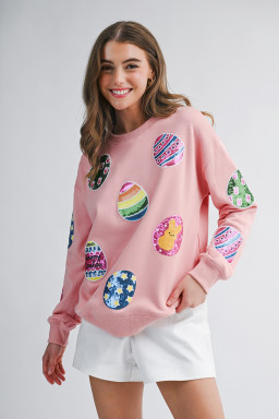Pink Sequined Easter Egg Patched Pullover Sweatshirt