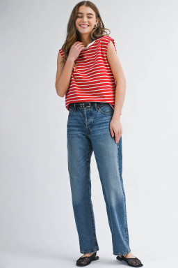 Red Stripe Ribbed Round Neck Trim Loose Tank Top
