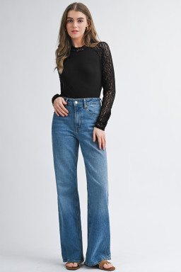 Black Leopard Mesh Patchwork Knit Long Sleeve Top