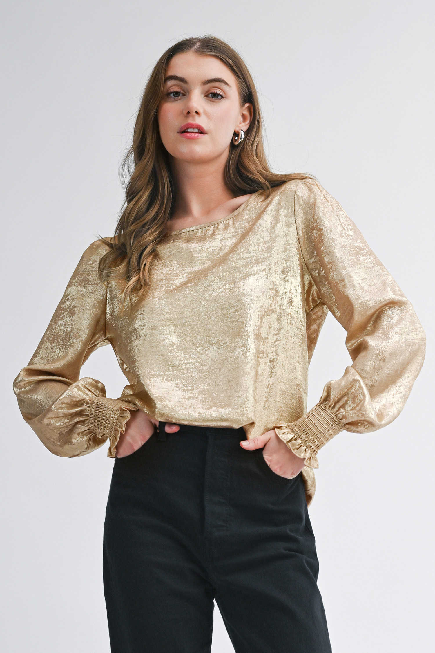 Apricot Metallic Round Neck Smocked Long Sleeve Blouse