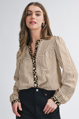 Brown Stripe Leopard Patchwork Long Sleeve Shirt