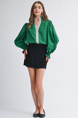 Evergreen Puffy Flounce Sleeve Leopard Trim V Neck Blouse