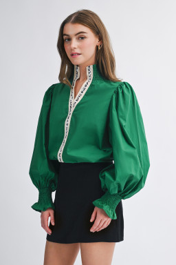 Evergreen Puffy Flounce Sleeve Leopard Trim V Neck Blouse