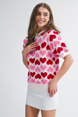 Sachet Pink 2-tone Heart Print Valentine Crew Neck Short Sleeve Sweater