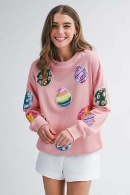 Pink Sequined Easter Egg Patched Pullover Sweatshirt