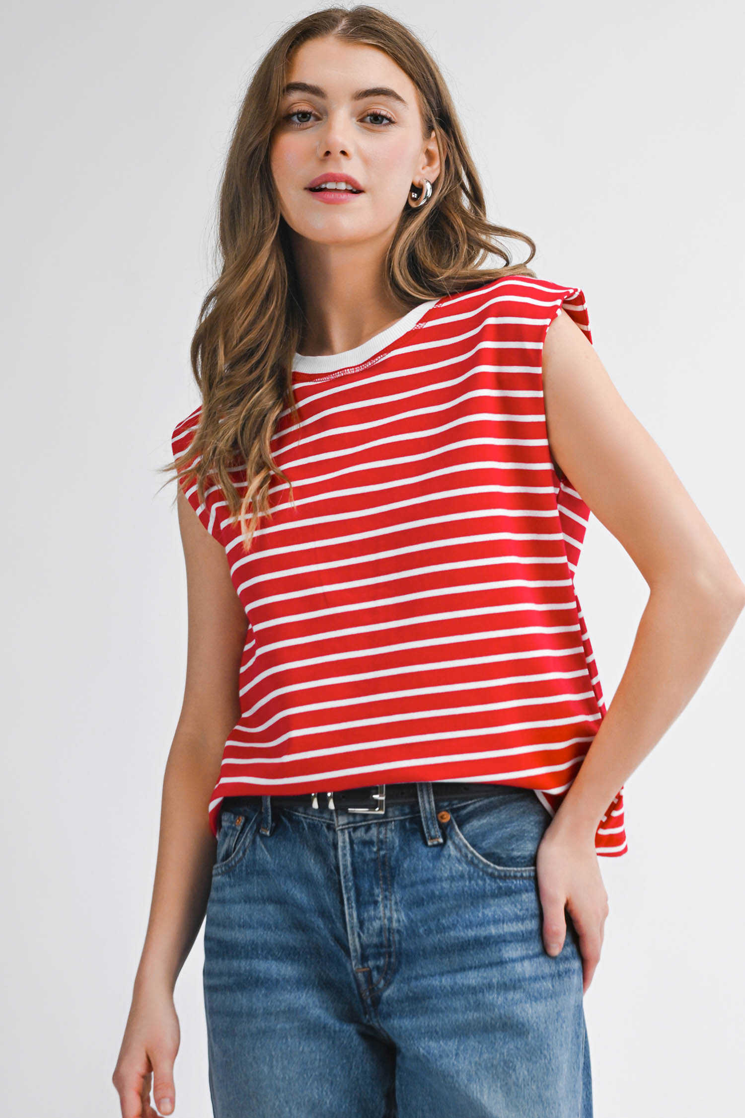 Red Stripe Ribbed Round Neck Trim Loose Tank Top