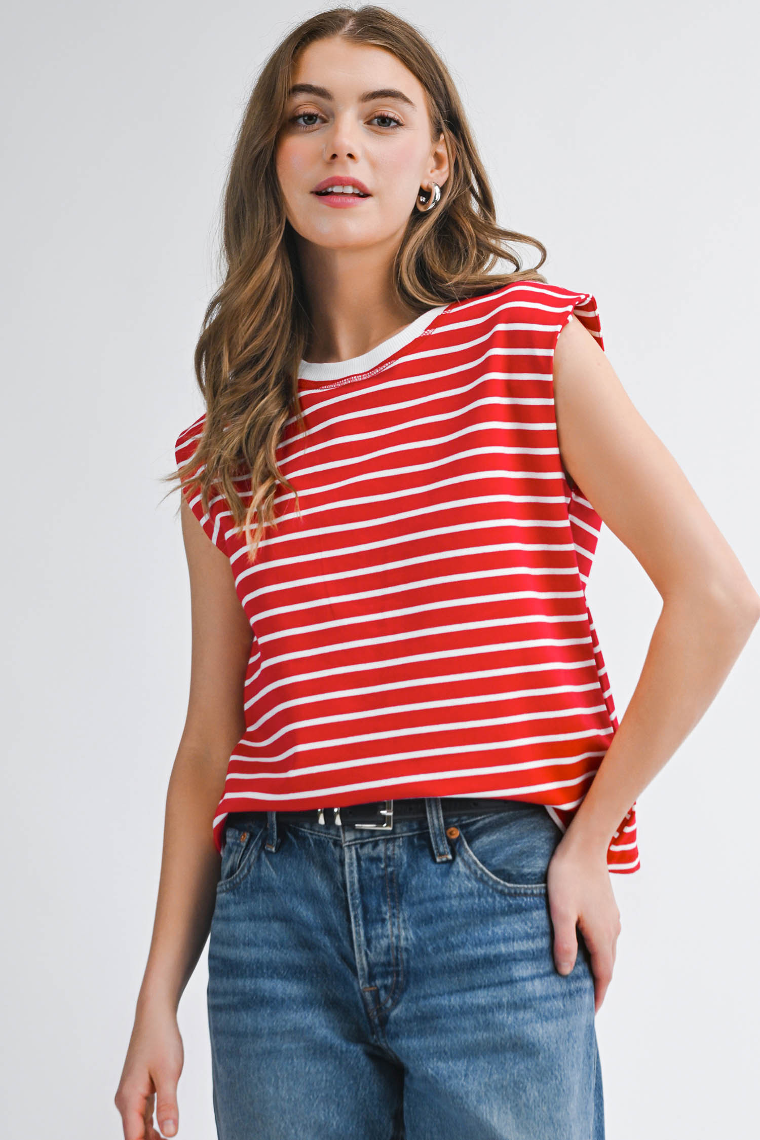 Red Stripe Ribbed Round Neck Trim Loose Tank Top
