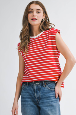 Red Stripe Ribbed Round Neck Trim Loose Tank Top