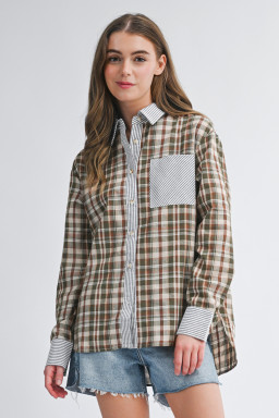 Brown Plaid Print Striped Patchwork Single Chest Pocket Buttoned Shirt