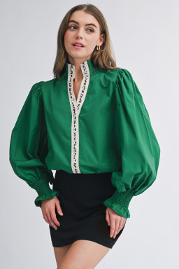 Evergreen Puffy Flounce Sleeve Leopard Trim V Neck Blouse