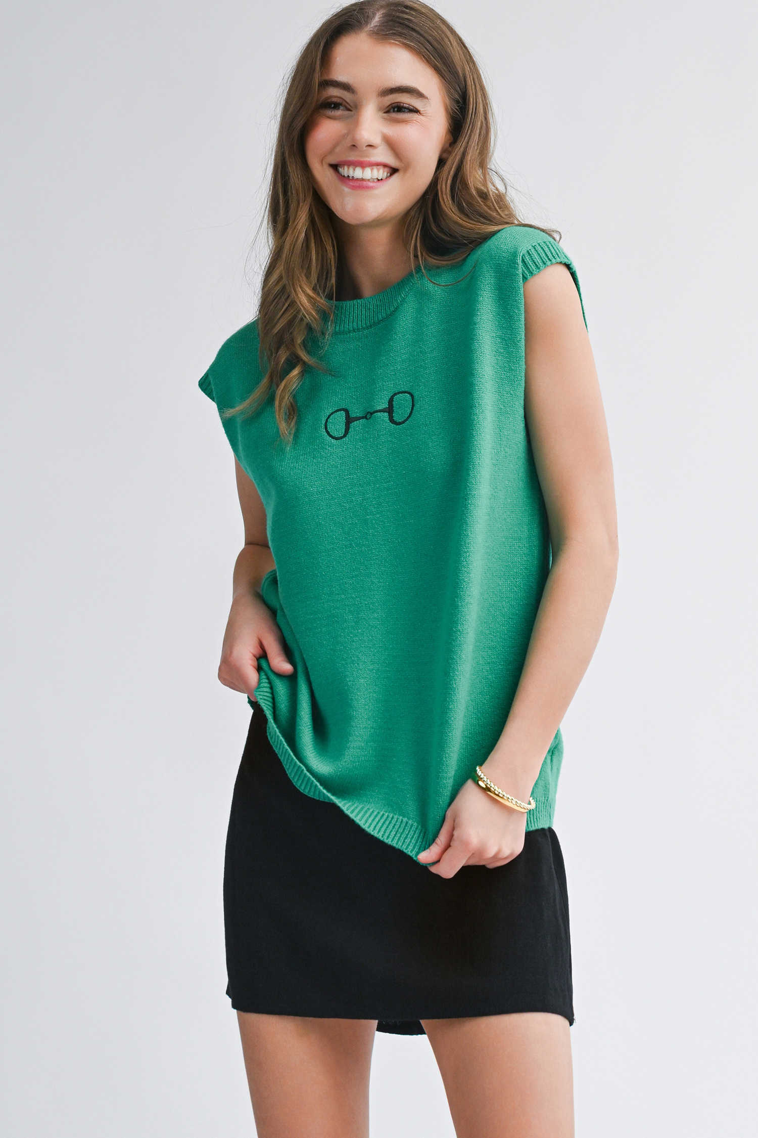 Bright Green Horse Bit Embroidered Loose Short Sleeve Sweater