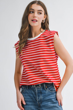 Red Stripe Ribbed Round Neck Trim Loose Tank Top