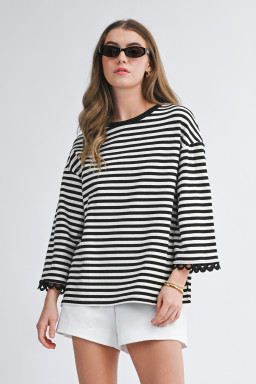 Black Striped Print Drop Shoulder Lace Trim Bracelet Sleeve Loose Top