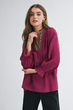Violet Leopard Trim V Neck Flounced Bracelet Sleeve Blouse