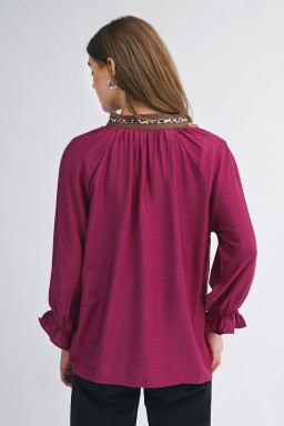 Violet Leopard Trim V Neck Flounced Bracelet Sleeve Blouse