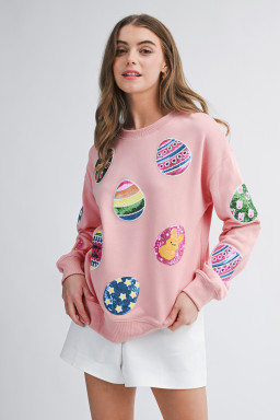 Pink Sequined Easter Egg Patched Pullover Sweatshirt