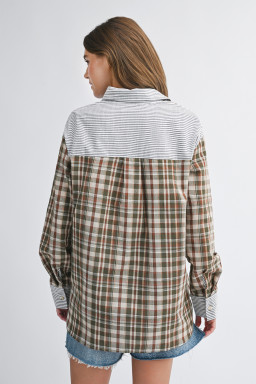 Brown Plaid Print Striped Patchwork Single Chest Pocket Buttoned Shirt