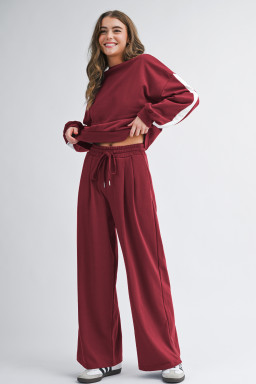 Burgundy Varsity Striped 3/4 Sleeve Pullover Drawstring Sweatpants Set