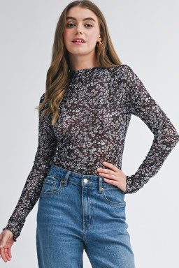 Black Ditsy Floral Mesh Thumbhole Sleeve Slim Fit Top