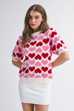 Sachet Pink 2-tone Heart Print Valentine Crew Neck Short Sleeve Sweater