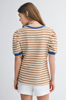 Brown Stripe Short Puff Sleeve Contrast Trim Round Neck Tee