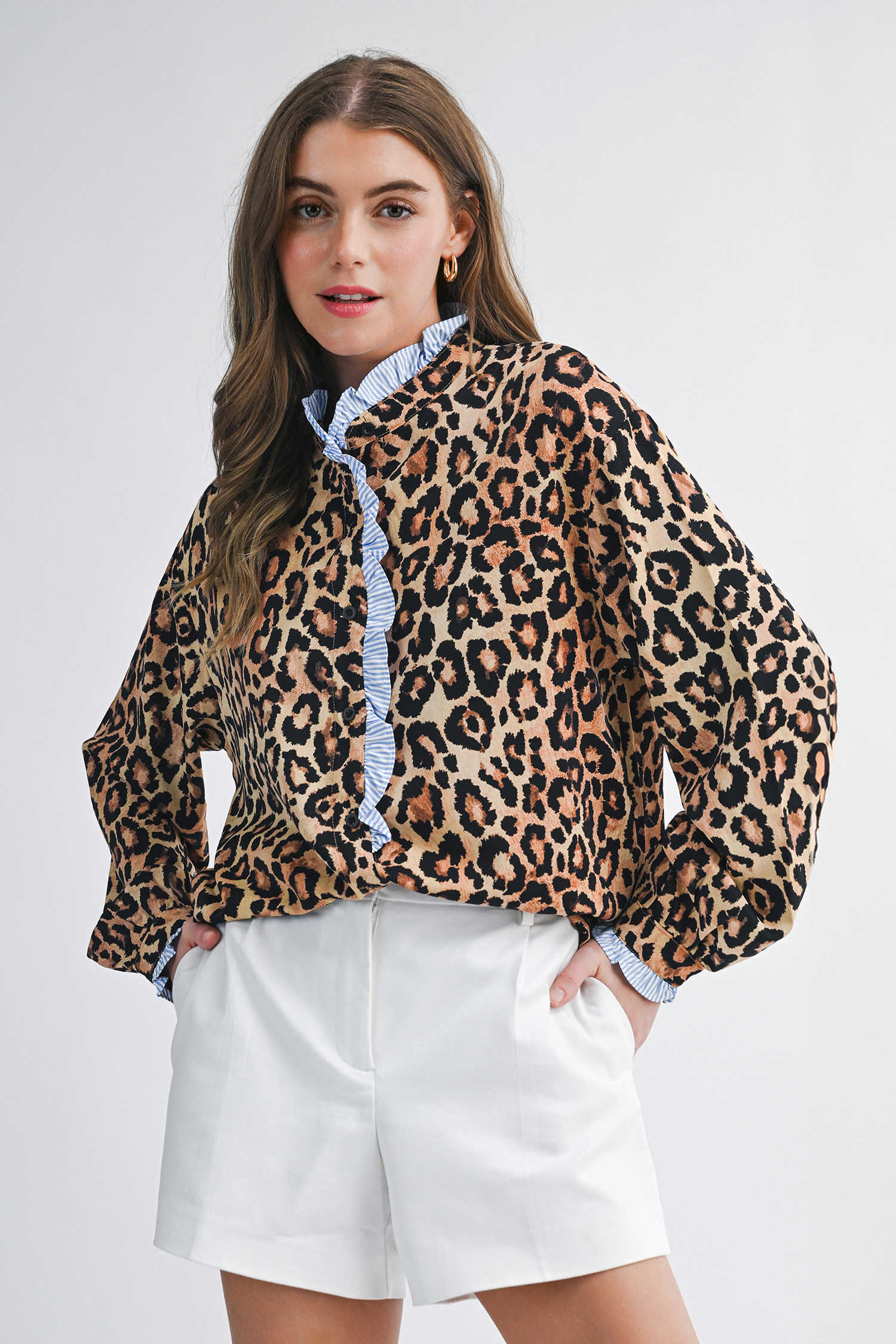 Brown Wild Leopard Print Contrast Striped Frilled Trim Chic Shirt