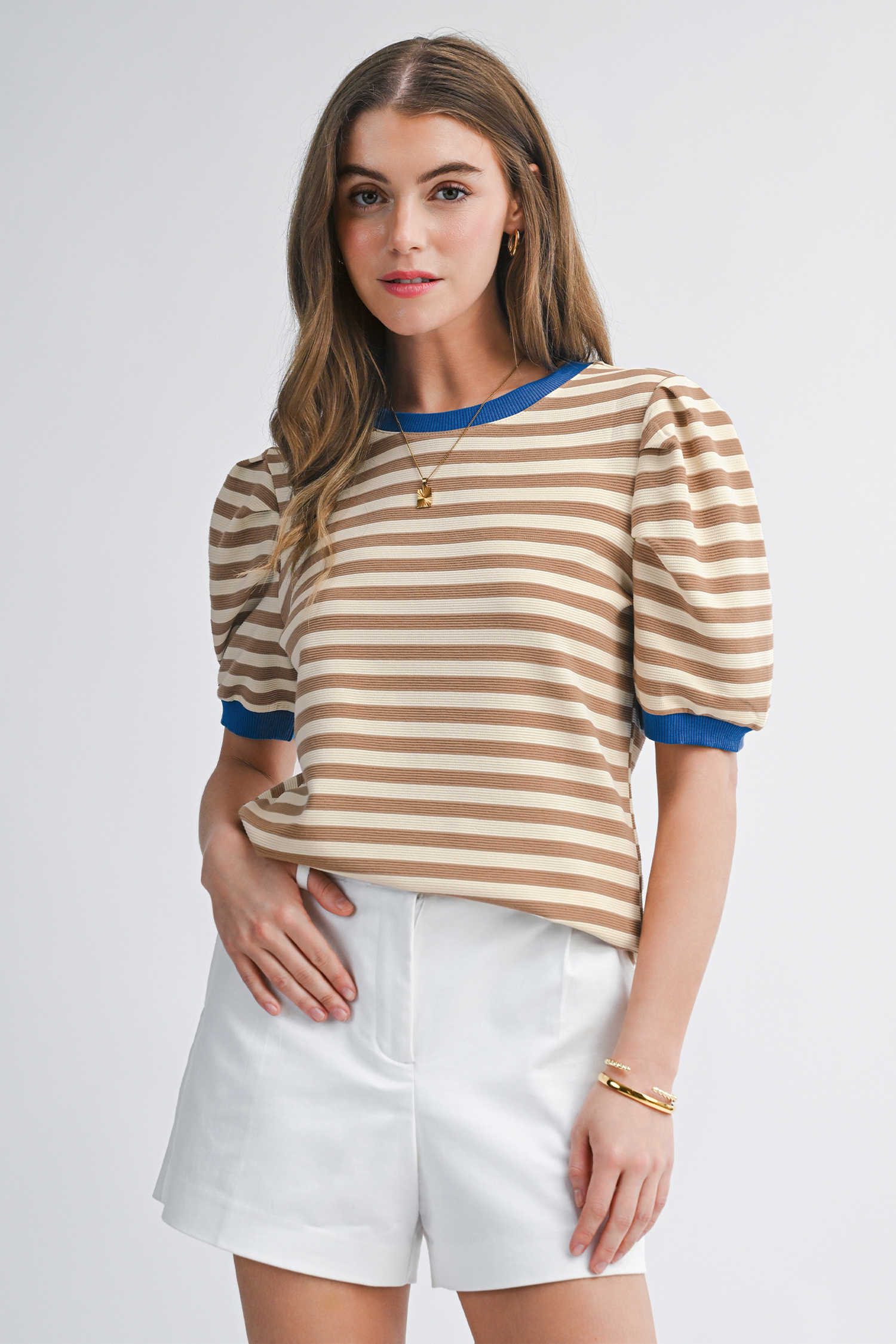 Brown Stripe Short Puff Sleeve Contrast Trim Round Neck Tee