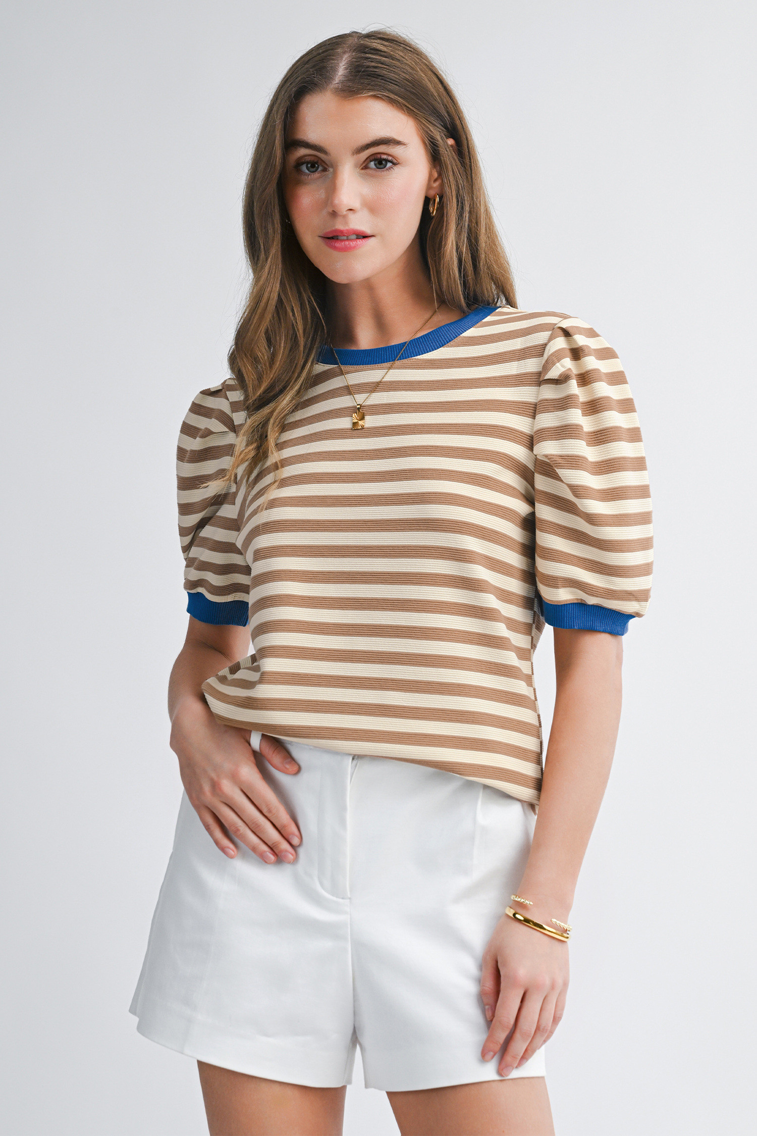 Brown Stripe Short Puff Sleeve Contrast Trim Round Neck Tee