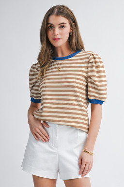 Brown Stripe Short Puff Sleeve Contrast Trim Round Neck Tee