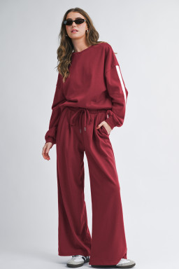 Burgundy Varsity Striped 3/4 Sleeve Pullover Drawstring Sweatpants Set