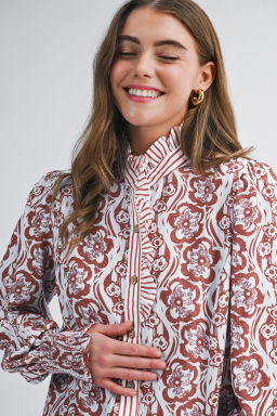 Floral Print Frilled Striped Trim Button Down Smocked Cuffs Long Sleeve Shirt