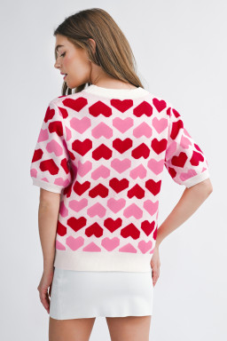 Sachet Pink 2-tone Heart Print Valentine Crew Neck Short Sleeve Sweater