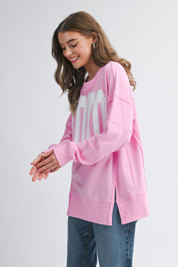 Pink Bow Sequin XOXO Letter Graphic Exposed Seam Baggy Sweatshirt