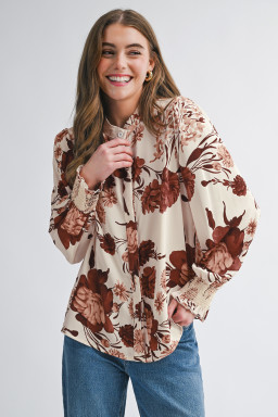 Brown Floral Print Button Down Poet Sleeve Shirt