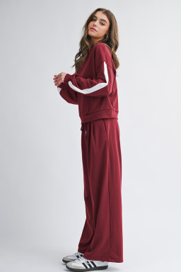 Burgundy Varsity Striped 3/4 Sleeve Pullover Drawstring Sweatpants Set