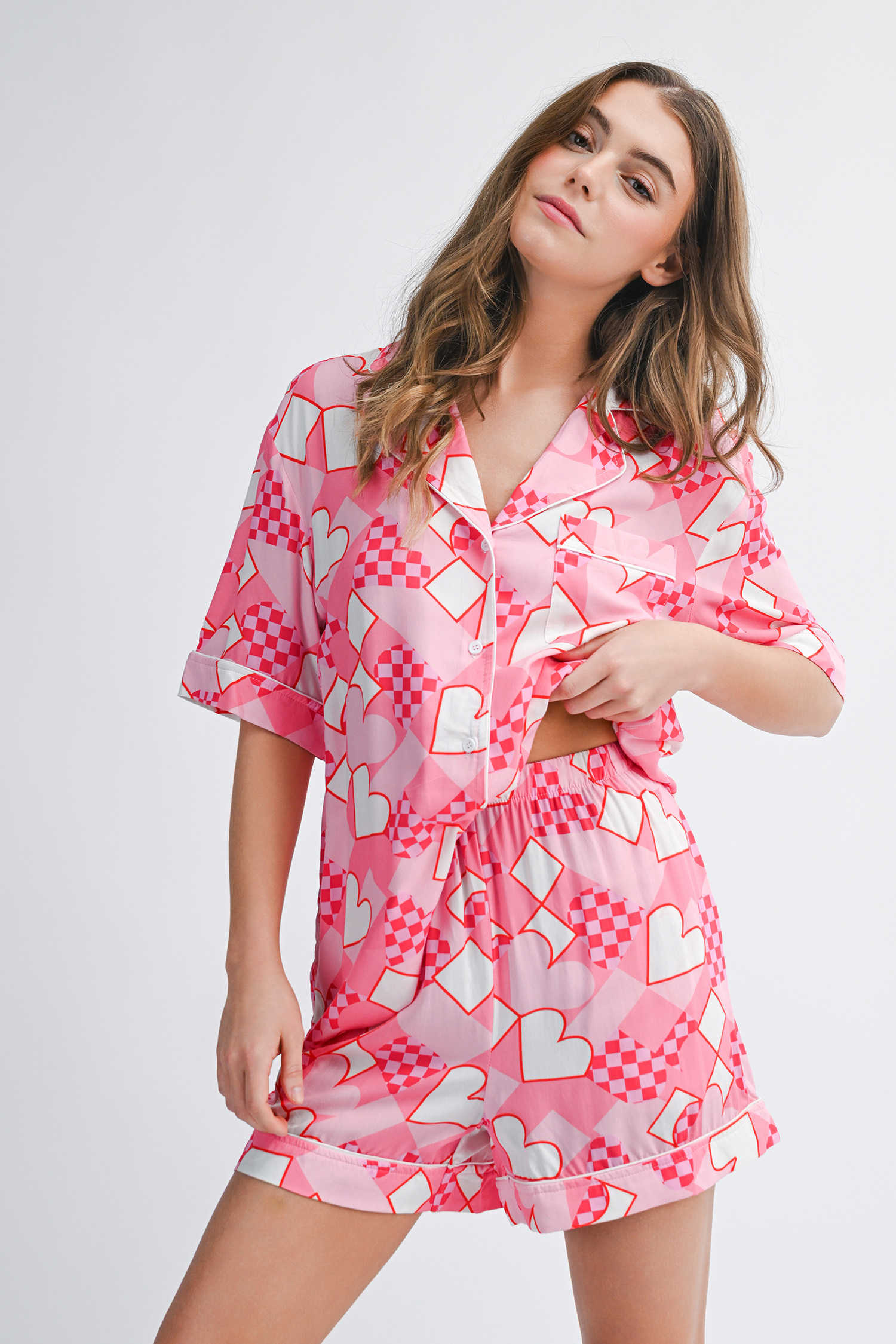 Pink Heart Print Shirt Style Silky Short Pajama Set
