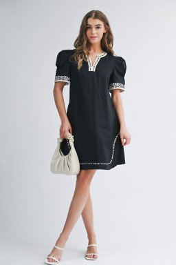 Black Leopard Trim Notched Neck Short Puff Sleeve Shift Mini Dress