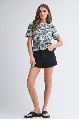 Green Camouflage Print Crew Neck T Shirt