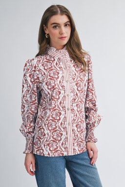 Floral Print Frilled Striped Trim Button Down Smocked Cuffs Long Sleeve Shirt