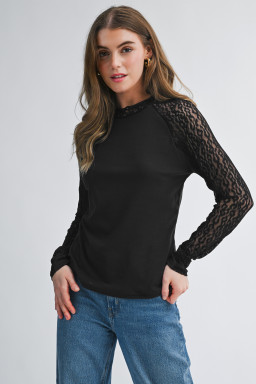 Black Leopard Mesh Patchwork Knit Long Sleeve Top