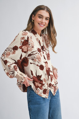 Brown Floral Print Button Down Poet Sleeve Shirt