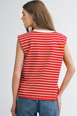 Red Stripe Ribbed Round Neck Trim Loose Tank Top