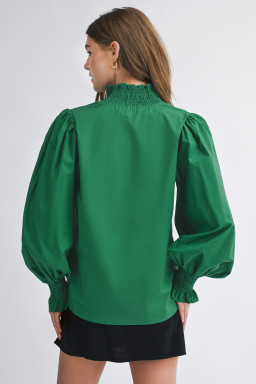 Evergreen Puffy Flounce Sleeve Leopard Trim V Neck Blouse