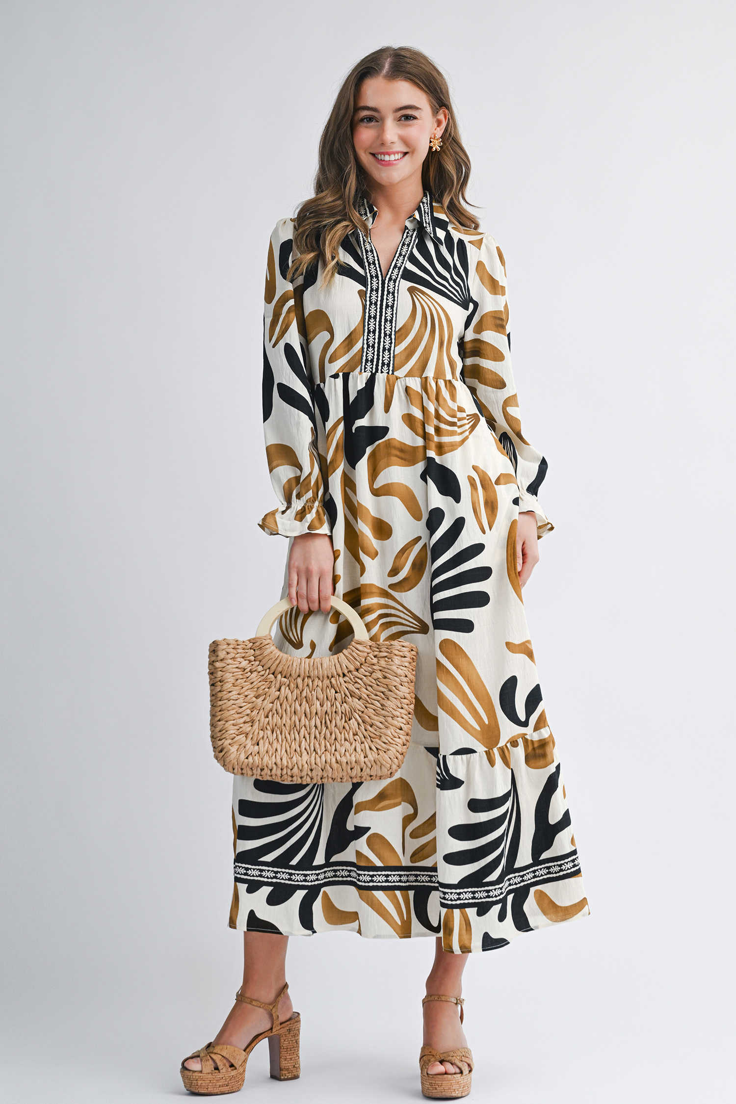 Brown Tropical Printed Contrast Trim Neck Long Sleeve Ruffle Hem Dress