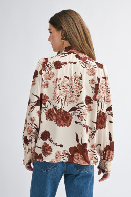 Brown Floral Print Button Down Poet Sleeve Shirt